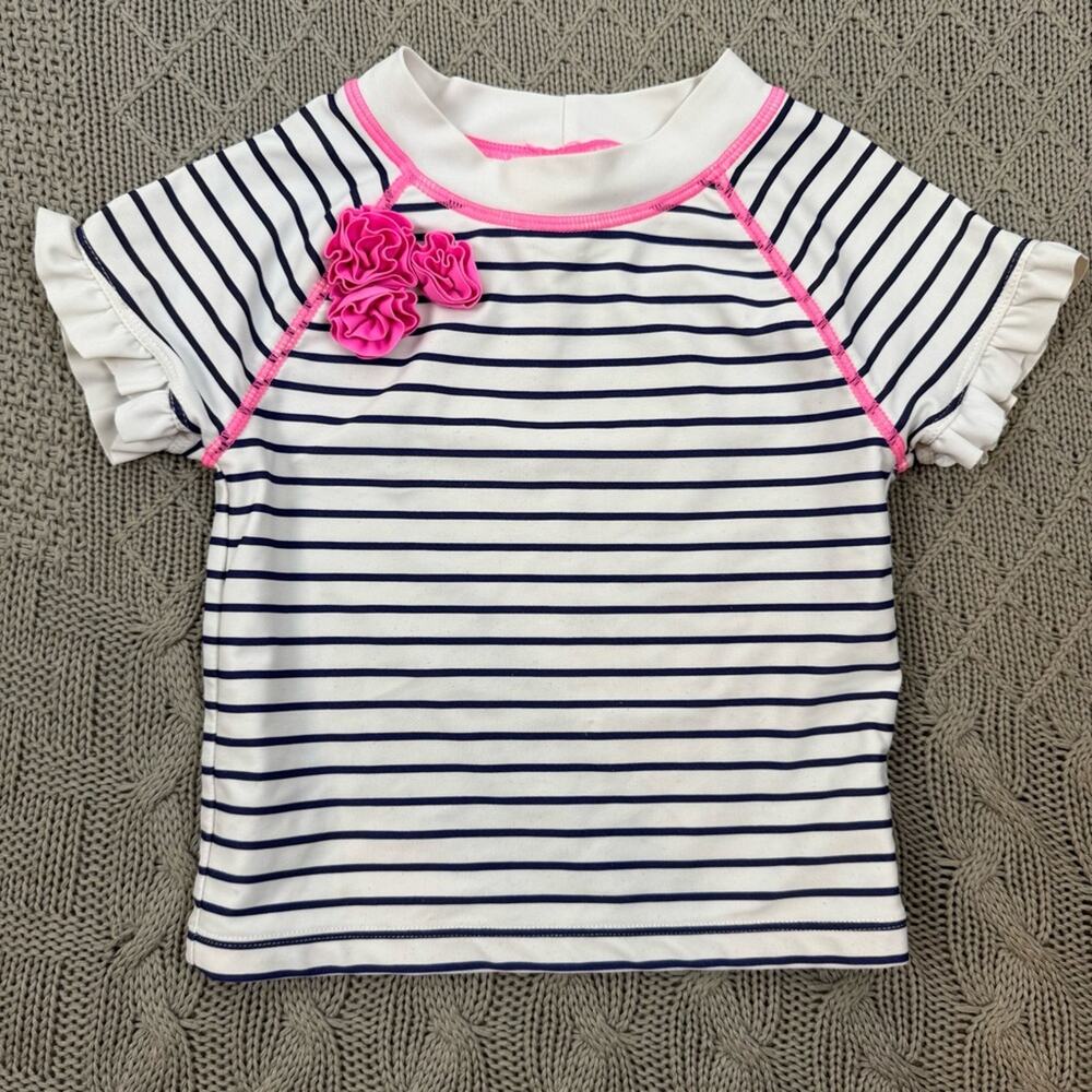 Janie and Jack Striped Kids Swim Top Rash Guard with Pink Accents ~ 4